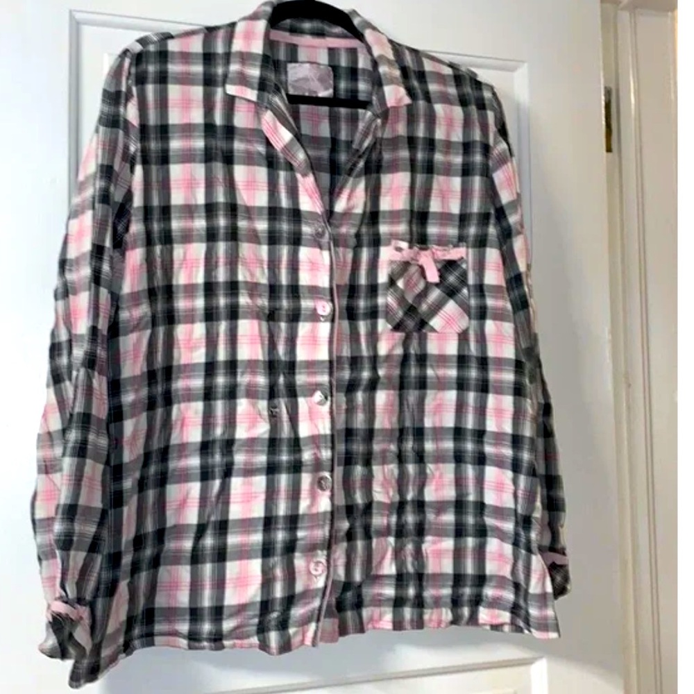Victoria's Secret Plaid Pink and Black Pajama Top Grosgrain Pink Trim Size L